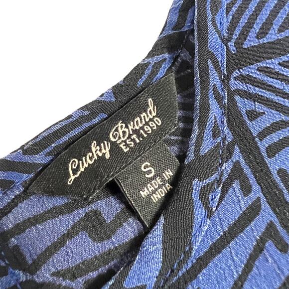 Lucky Brand Blouse Sleeveless Blue Black Printed Split Back Top Women's Small - Picture 2 of 8
